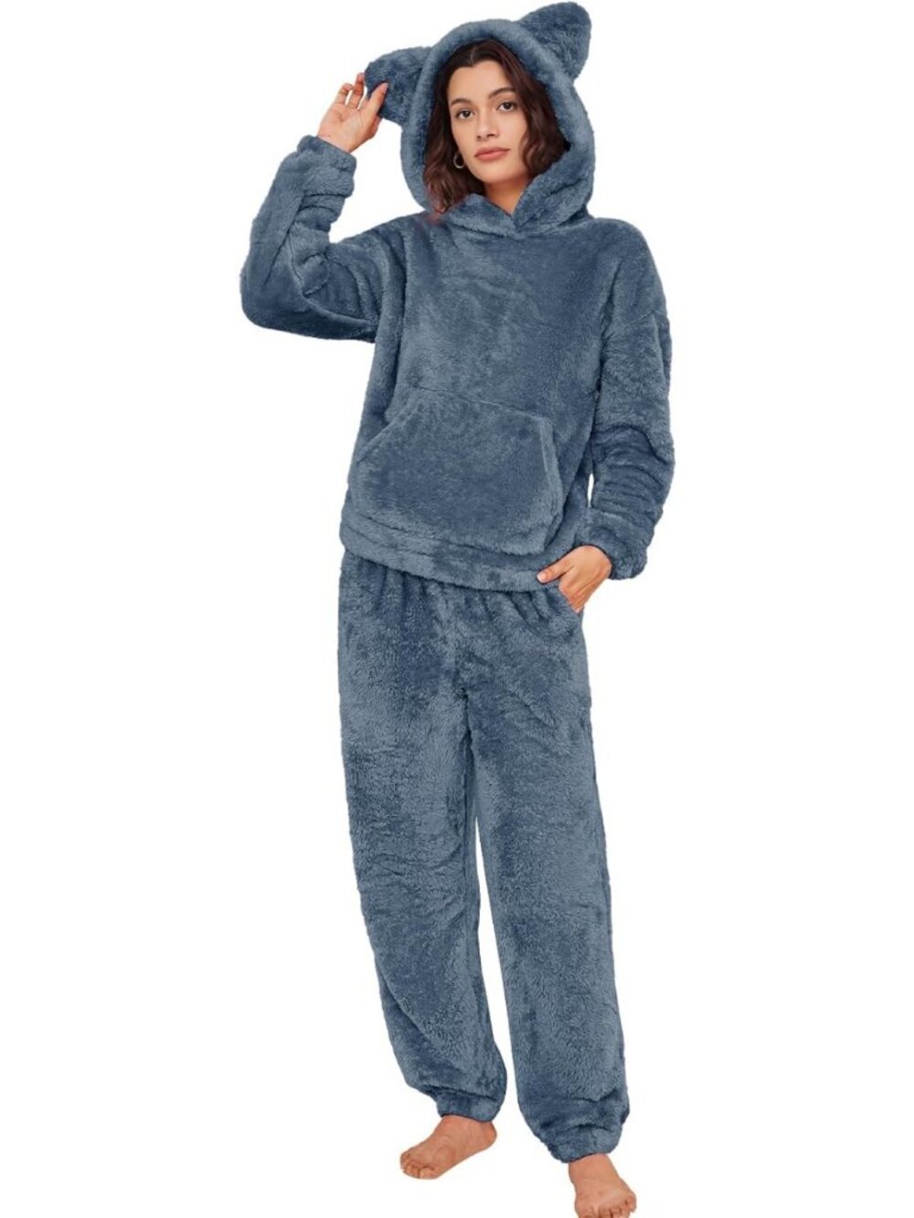 Cozy Fluffy Pajama Set with Bear Ears | Soft Fleece 2-Piece Loungewear for Women